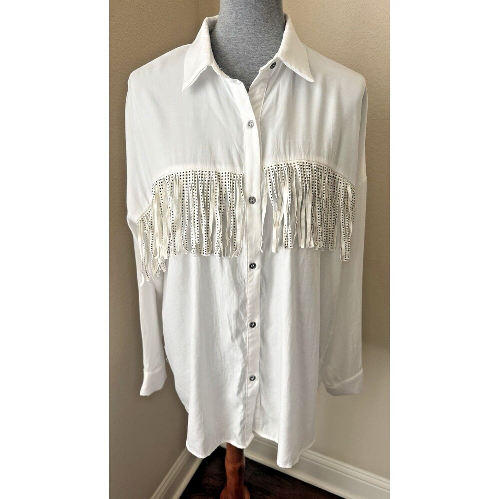 Savanna Jane Large White Studded Fringe Western Disco Cowgirl Button-Down Top